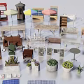 Various Style Table Chair Sets With Different Materials And Decorative Umbrellas Plants 3d model