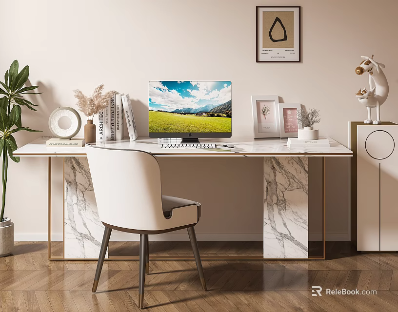 Modern Home Desk with White Chair Marble Legs Scenic Monitor Books Photo Frames Potted Plant 3d model 