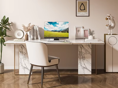 Modern Home Desk with White Chair Marble Legs Scenic Monitor Books Photo Frames Potted Plant 3d model