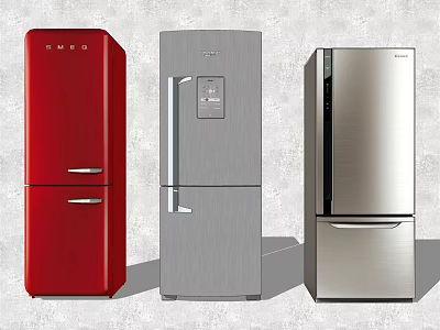 Stylish Red Silver Stainless Steel Refrigerators With Modern Design For Home Kitchen 3d model