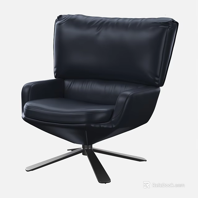 Modern Black Leather Armchair With High Back And Swivel Metal Base 3d model 
