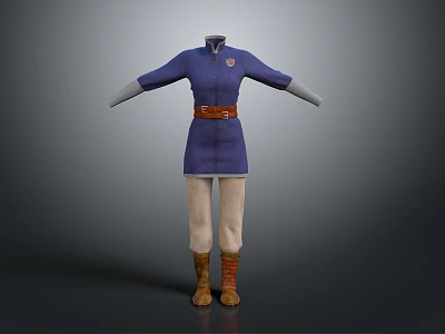 Blue Long Sleeve Casual Dress With Badge Brown Belt Light Pants And Boots 3d model