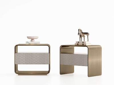 Modern Nightstands With Metal Frame And Fabric Panel Featuring Decorative Candle Holder And Horse Figurine 3d model