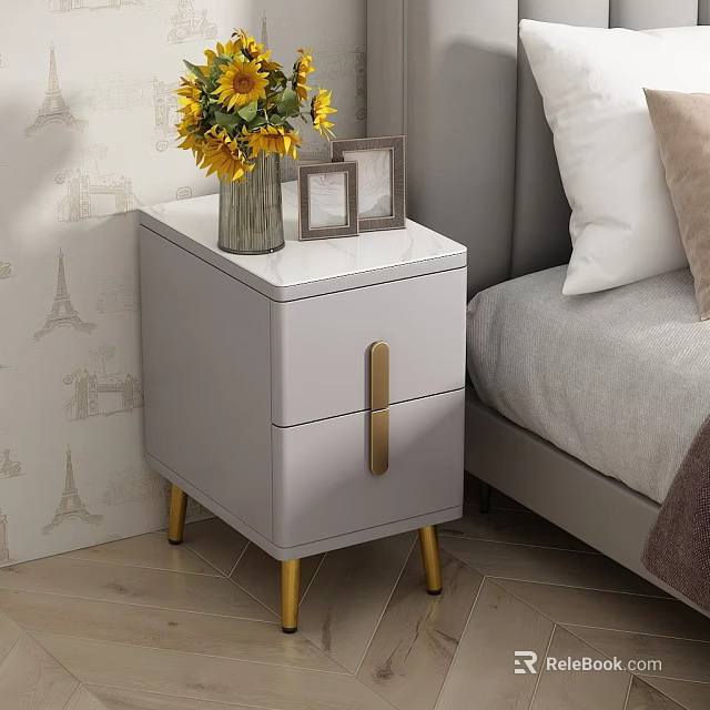 Light Gray Nightstand With Two Drawers Gold Handles Marble Top Sunflower Vase Photo Frames 3d model 