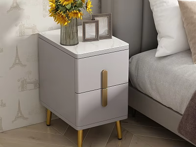 Light Gray Nightstand With Two Drawers Gold Handles Marble Top Sunflower Vase Photo Frames 3d model