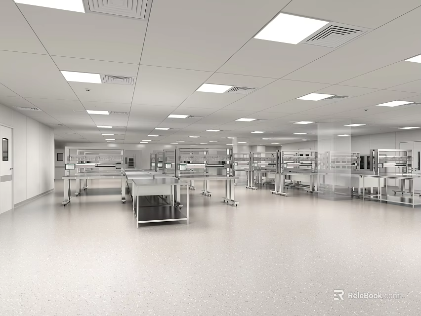 Professional Clean Room Facility With Stainless Steel Workbenches Smooth Flooring And Ceiling Lights 3d model 