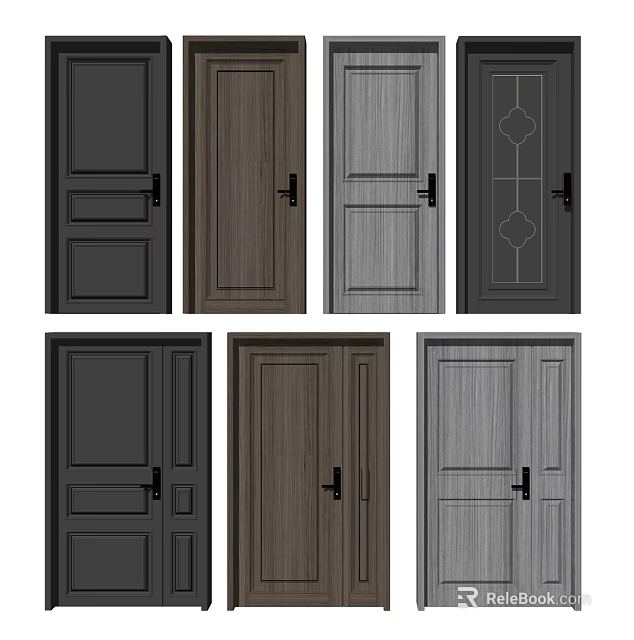 Stylish Interior Swing Doors With Black Brown Gray Colors Single Double Panel Patterns Geometric Details 3d model