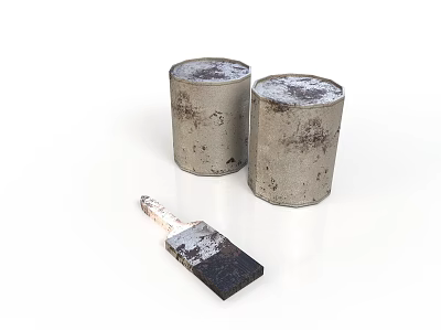Vintage Rusty Metal Buckets With Weathered Old Paintbrush On White Background 3d model
