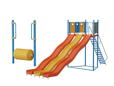 Colorful Playground Equipment with Orange Yellow Slides Blue Frame Climbing Roller and Stairs 3d model