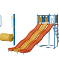 Colorful Playground Equipment with Orange Yellow Slides Blue Frame Climbing Roller and Stairs