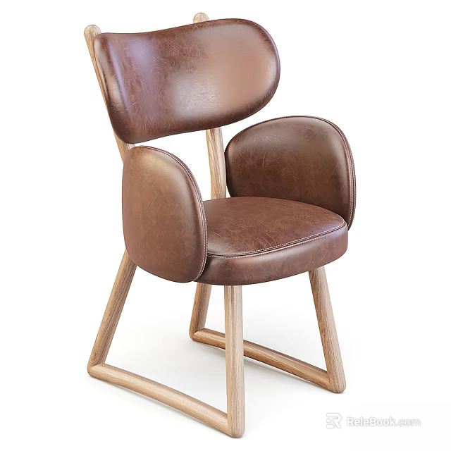 Modern Brown Leather Single Chair With Rounded Backrest Armrests And Wooden Legs 3d model 