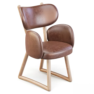 Modern Brown Leather Single Chair With Rounded Backrest Armrests And Wooden Legs 3d model