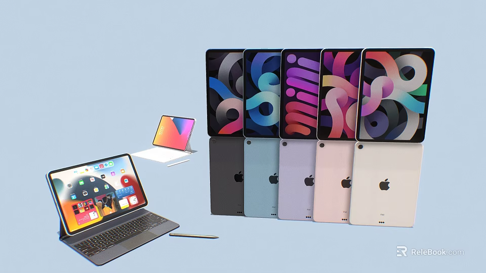 Various Color Laptop And Tablet Computers With Screen Display And App Icons 3d model