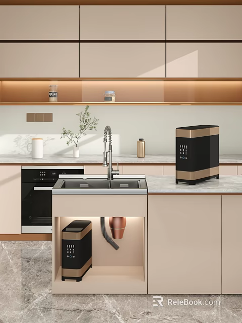 Modern Kitchen Interior With Marble Countertop Sink Faucet Black Gold Appliance Cabinets And Plants 3d model 