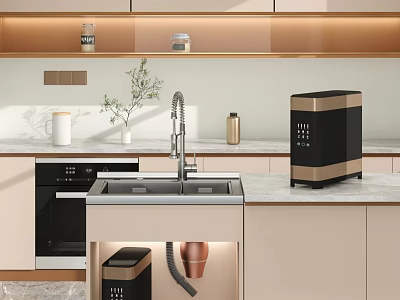 Modern Kitchen Interior With Marble Countertop Sink Faucet Black Gold Appliance Cabinets And Plants 3d model