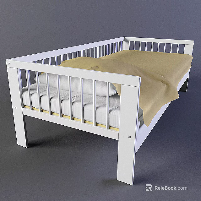 Single Bed with White Frame Yellow Bed Sheet and White Pillows 3d model 