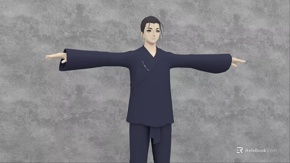 3D Game and Movie Character in Traditional Blue Outfit with Extended Arms on Gray Background 3d model 