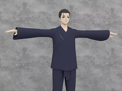 3D Game and Movie Character in Traditional Blue Outfit with Extended Arms on Gray Background 3d model
