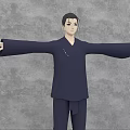 3D Game and Movie Character in Traditional Blue Outfit with Extended Arms on Gray Background