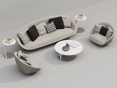 Modern Gray Sofa and Coffee Table Set with Decorative Pillows Marble Top Side Tables 3d model