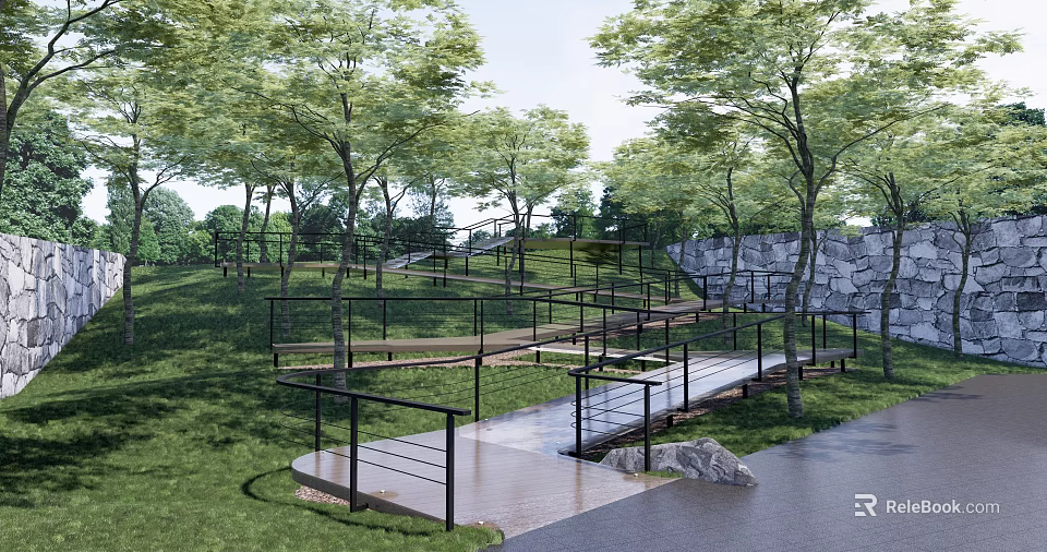 Scenic Park Landscape With Green Trees Lush Grass And Wooden Pathway With Railings 3d model 