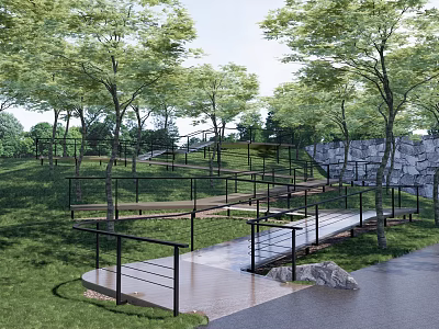 Scenic Park Landscape With Green Trees Lush Grass And Wooden Pathway With Railings 3d model