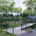 Scenic Park Landscape With Green Trees Lush Grass And Wooden Pathway With Railings
