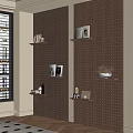 Perforated Wall Interior With Wall Shelves Holding Decorative Photos Potted Plant And Items