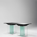 Modern Dining Table Set With Black Tabletop Green Transparent Glass Column Supports And Black Chairs