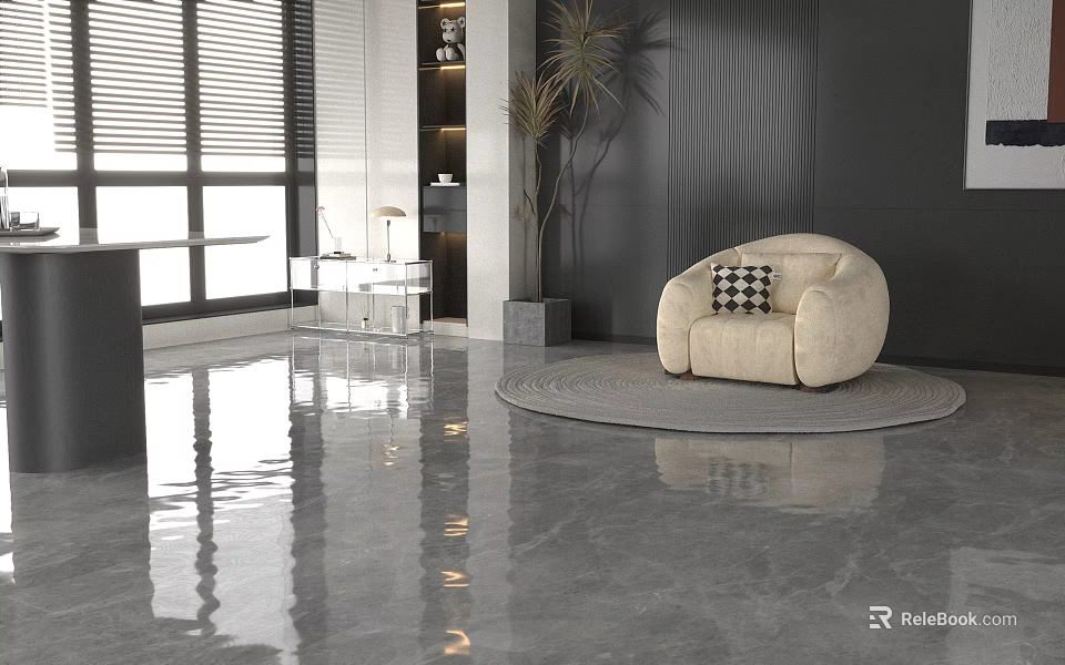 Modern Minimalist Living Room With Beige Sofa Checkered Cushion And White Coffee Table Set 3d model 