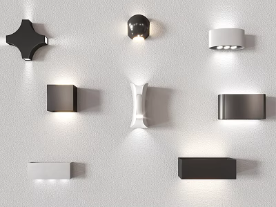Modern Various Design Wall Lamps with Black White Colors Illuminated on White Wall 3d model