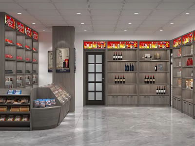Neat Tobacco and Liquor Store Interior With Shelves Stocked Wine Bottles And Tobacco Products 3d model