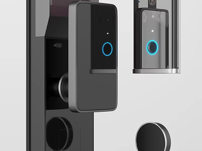 Smart Black Door Lock With Fingerprint Scanner Blue Ring And Camera 3d model