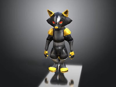 Cartoon Style 3D Animal Character Model With Black Yellow Body Red Eyes Standing Reflective Base 3d model