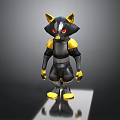 Cartoon Style 3D Animal Character Model With Black Yellow Body Red Eyes Standing Reflective Base