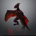 Red Dragon With Glowing Textured Wings Standing On Dark Gray Background Showing Reflection