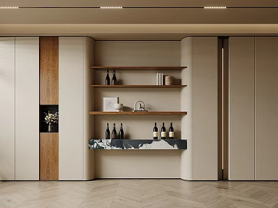 Modern Elegant Decorative Cabinet With Wooden Shelves Wine Bottles Books And Marble Countertop 3d model