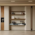 Modern Elegant Decorative Cabinet With Wooden Shelves Wine Bottles Books And Marble Countertop