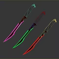 Three Glowing Knives With Pink Green Red Blades And Black Handles
