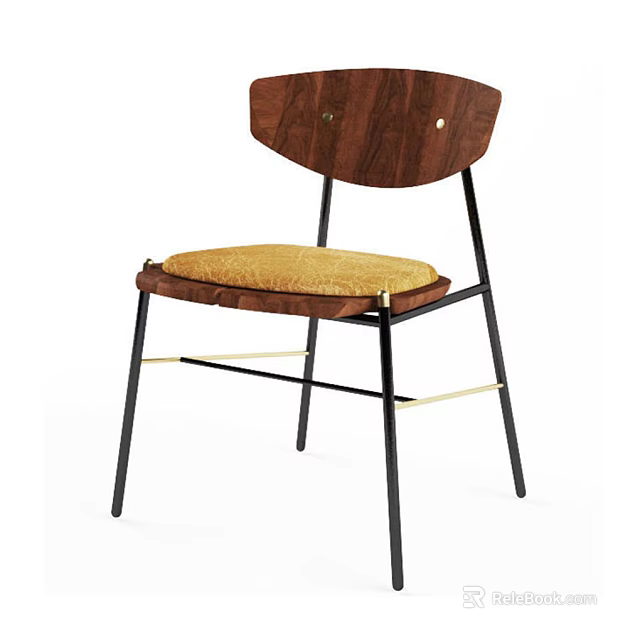 Leisure Chair Featuring Walnut Backrest Yellow Padded Seat Black Metal Legs And Gold Accents 3d model 