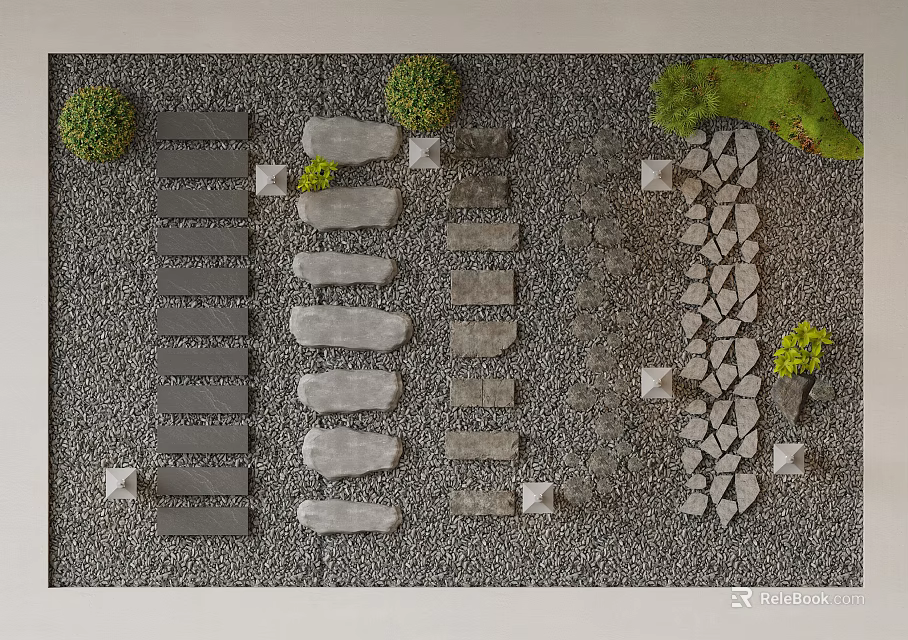 Garden Stone Stepping Path With Various Shaped Slabs Pebble Ground And Green Shrubs 3d model 