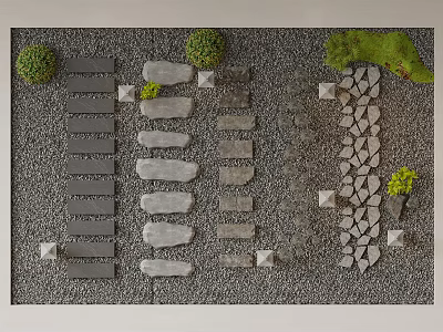 Garden Stone Stepping Path With Various Shaped Slabs Pebble Ground And Green Shrubs 3d model