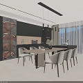 Modern Open Concept Restaurant Interior Design With Dining Table Chairs And Hanging Lights 3d model