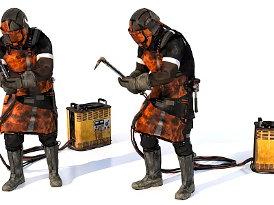 Men In Protective Gear Using Welding Tools With Yellow Equipment 3d model