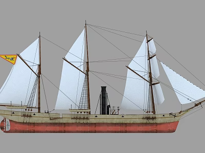 Vintage Warship With White Sails Steam Powered Chimney Red And White Hull And Yellow Flag 3d model