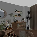 Public Office Area Featuring Warm Yellow Lighting Green Plants Decorative Shelves And Rattan Chairs