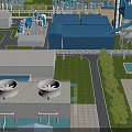 Industrial Plant With Blue Roof Piping System Cooling Towers Green Area And Road