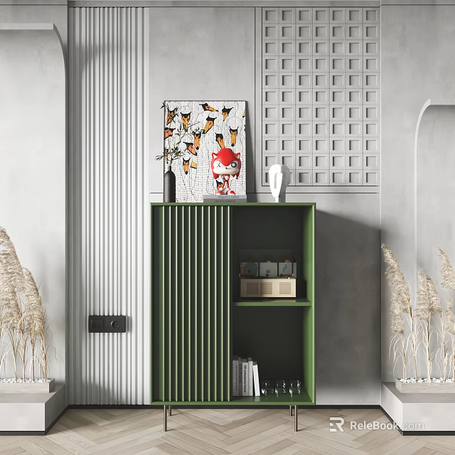 Green Sideboard With Decorative Painting Vase Books And Gray Wall Decor 3d model 