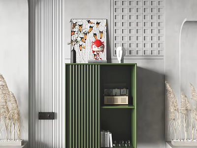 Green Sideboard With Decorative Painting Vase Books And Gray Wall Decor 3d model