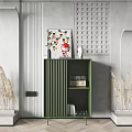 Green Sideboard With Decorative Painting Vase Books And Gray Wall Decor